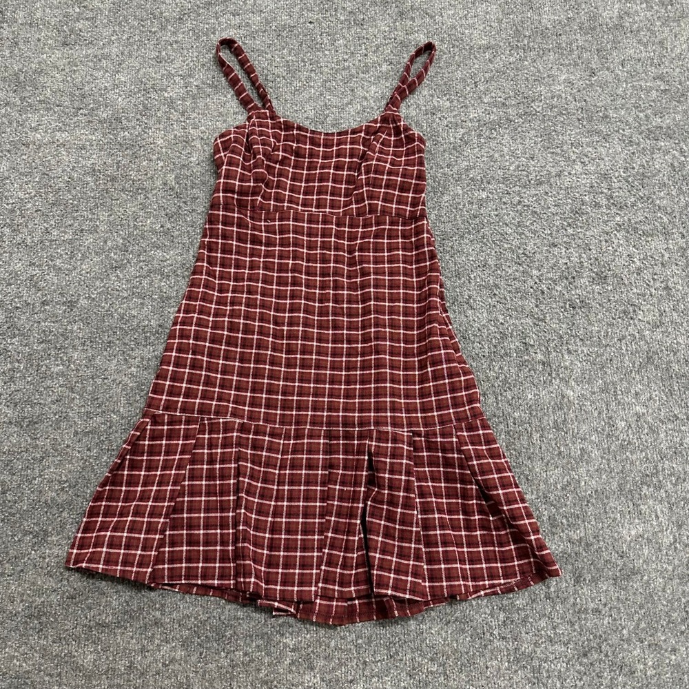 Hollister Dress Womens XS Burgundy Red Plaid Pleated Mini Fit Flare Spaghetti